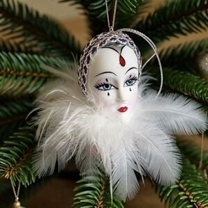 Vintage Porcelain Harlequin Clown Head Ornament Rhinestone Tiara White Feather